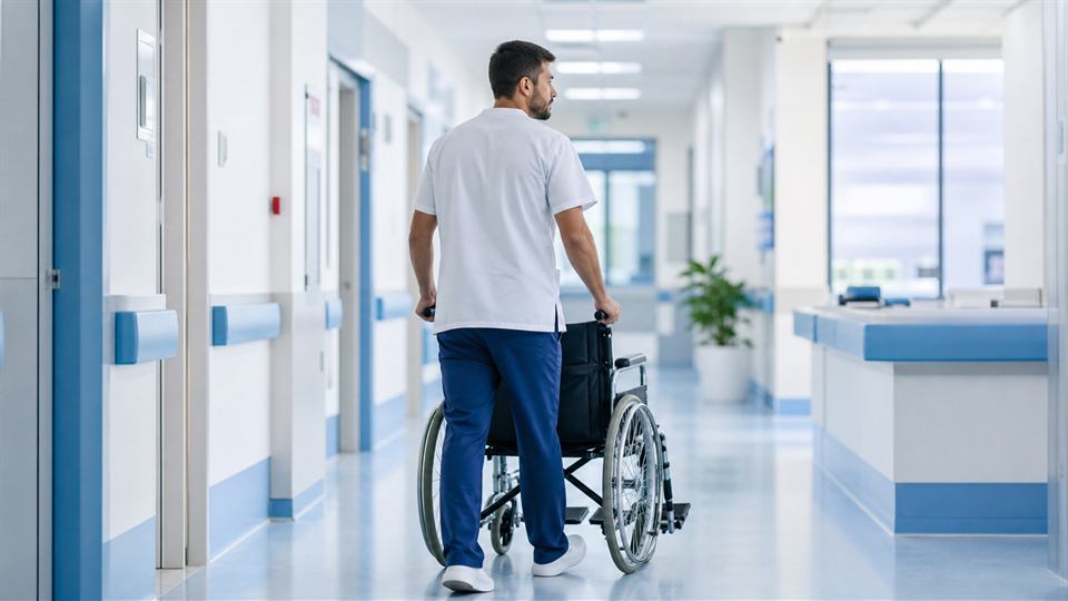 Celador sanitario trasladando una silla de ruedas en un hospital
