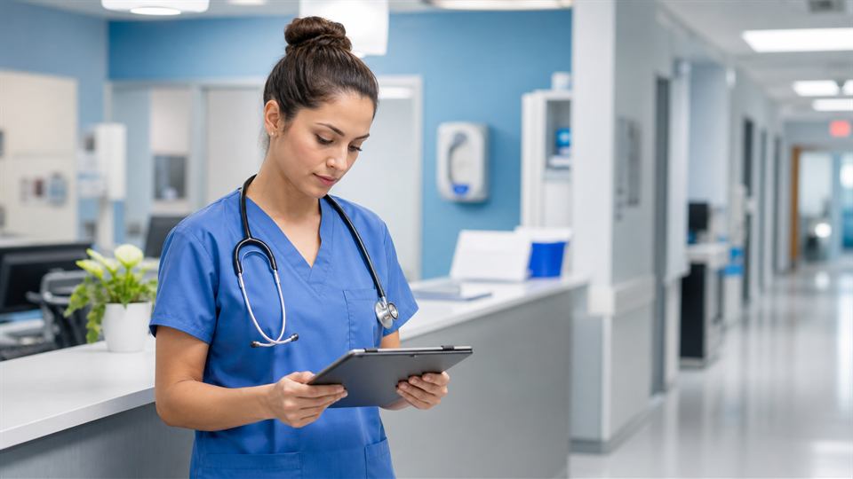 Enfermera revisando documentación clínica en un entorno sanitario