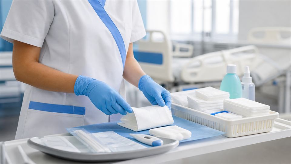 TCAE preparando material sanitario para cuidados básicos
